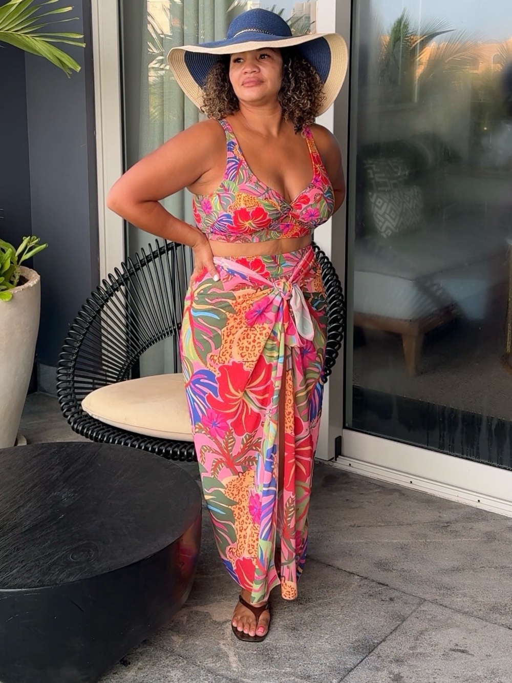 Tropical Print 2 Piece Bathing Suit with Cover Up - Pink Multi